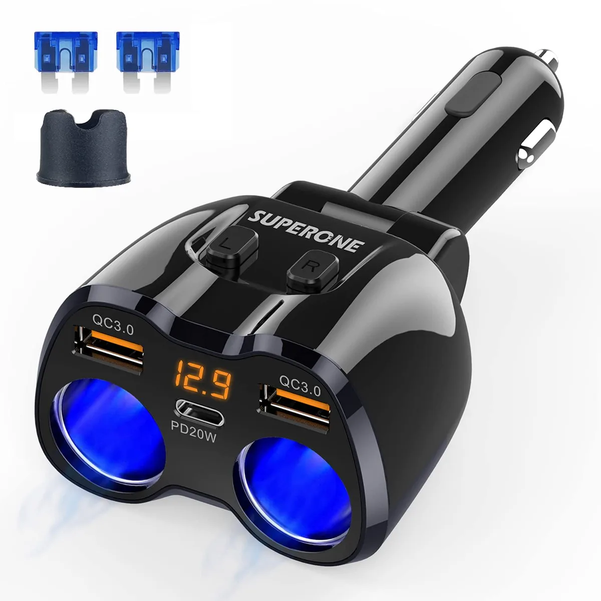  TESSAN 180W 2-Socket Cigarette Lighter Splitter with 20W PD &amp; QC3.0 — product photo