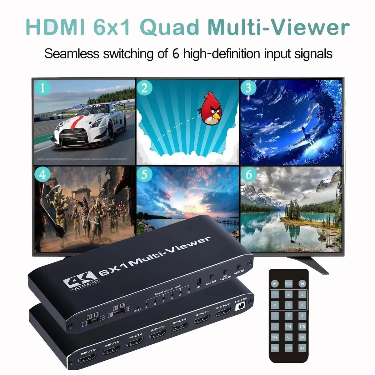 Black rectangular HDMI video wall controller with six input ports and one output port