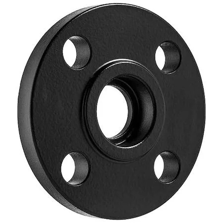Black coated steel socket weld flange, raised face, eight bolt holes