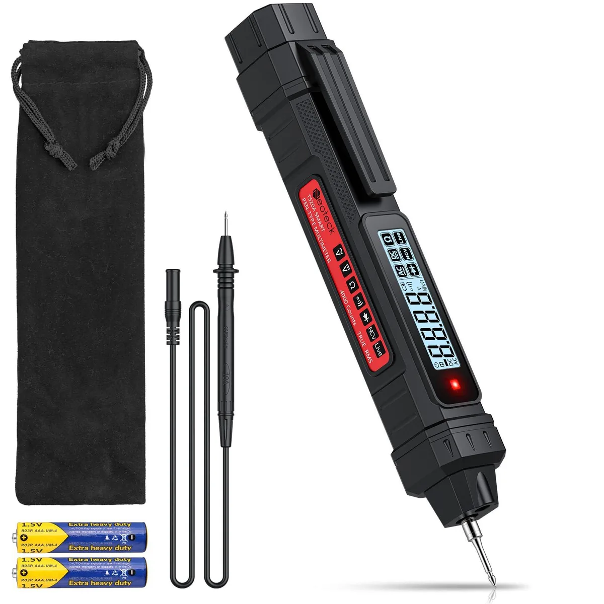 Slim pen-shaped multimeter in dark finish with LCD display and test leads, 185 by 26 by 29 millimetres, 81 grams