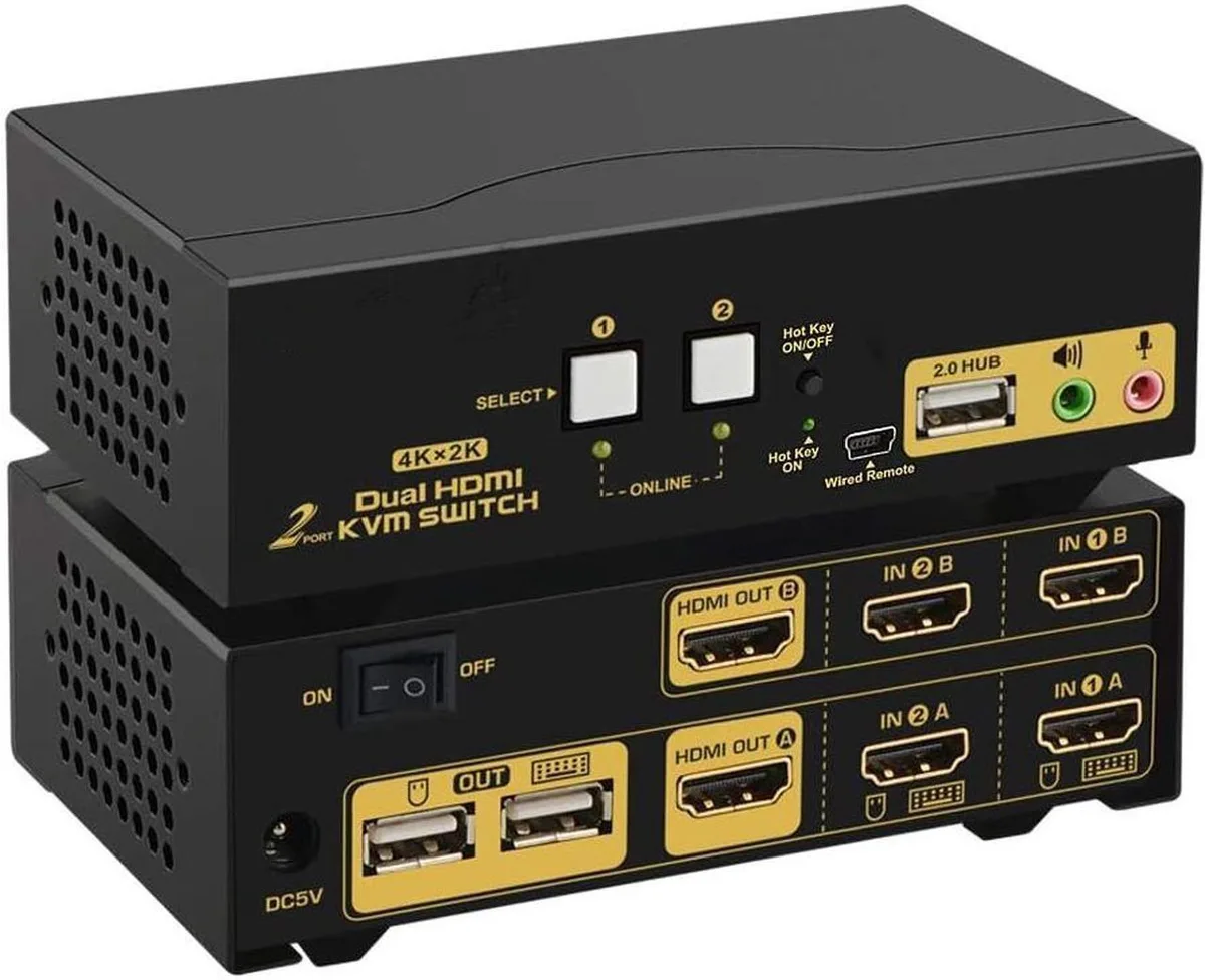 Vszerda Vszerda HDMI KVM Switch 2 Port Dual Monitor 4K @30Hz USB 2.0 Hub Audio Mic — product photo
