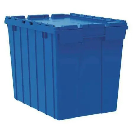 Blue plastic storage tote with attached lid, 17 gal capacity, stackable design, 21 1/2 in length