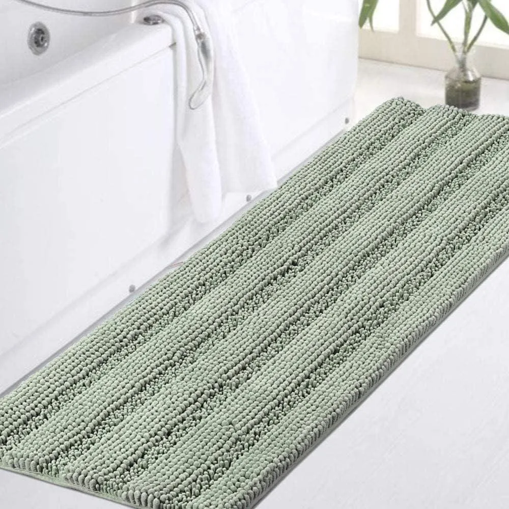 Sage green chenille bath runner, 47 by 17 inches, plush shaggy pile