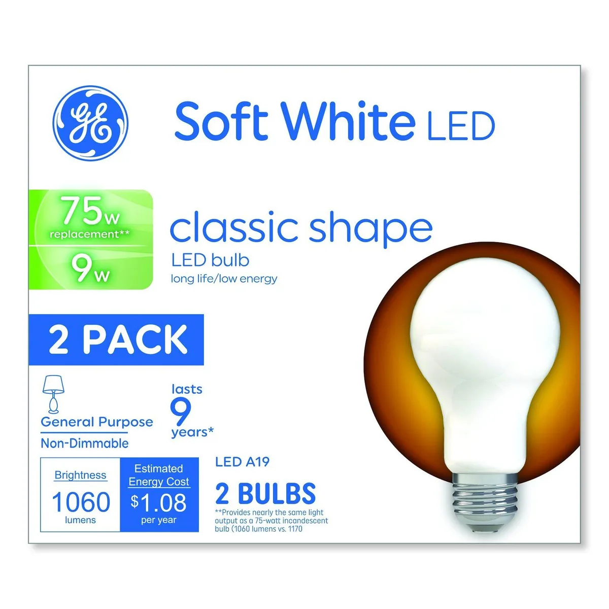 Two white A19 LED bulbs with standard screw bases