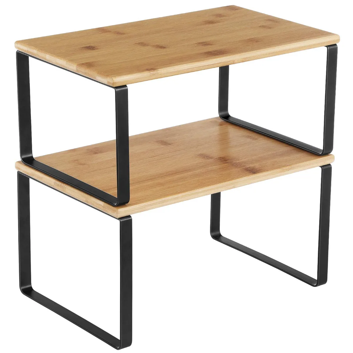 Two-tier beige metal and wood shelf unit, 11.7 inches wide, stackable design