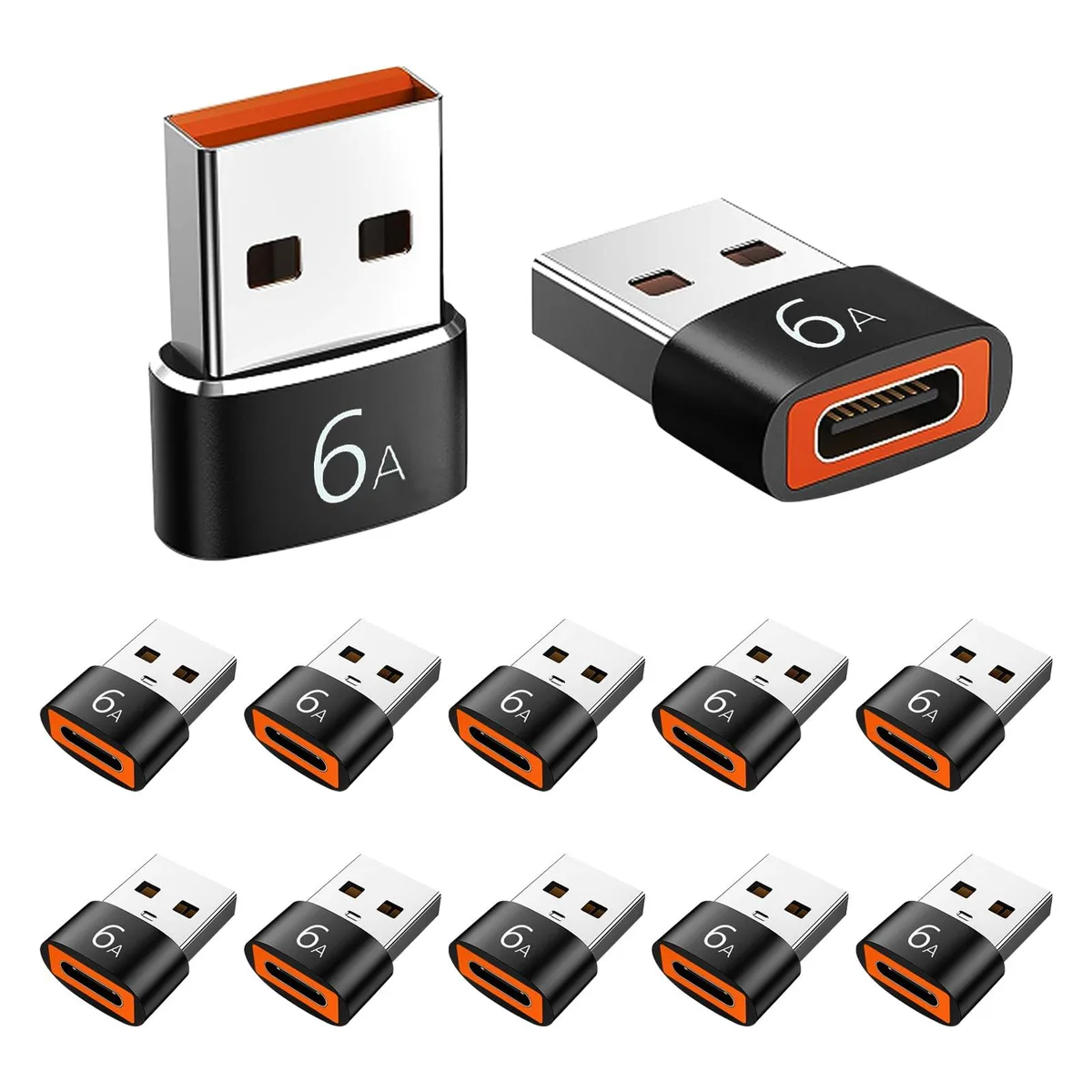 Twelve black USB-A male to USB-C female adapters in a row