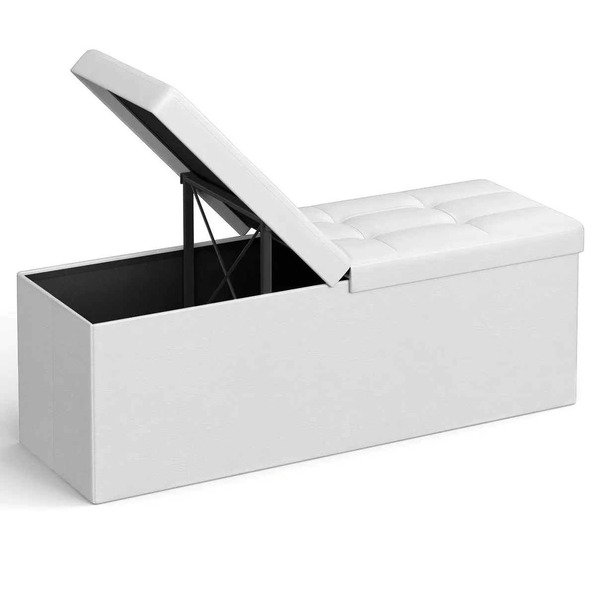 White rectangular storage ottoman bench with synthetic leather finish and flipping lid