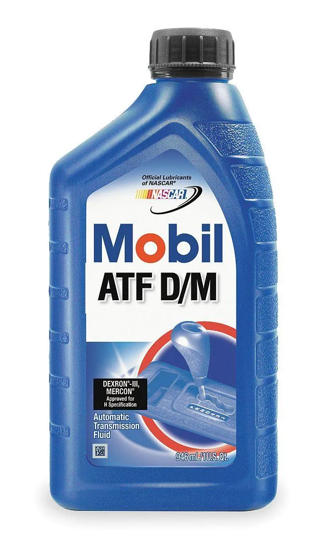 Red Mobil automatic transmission fluid in a 1 qt bottle
