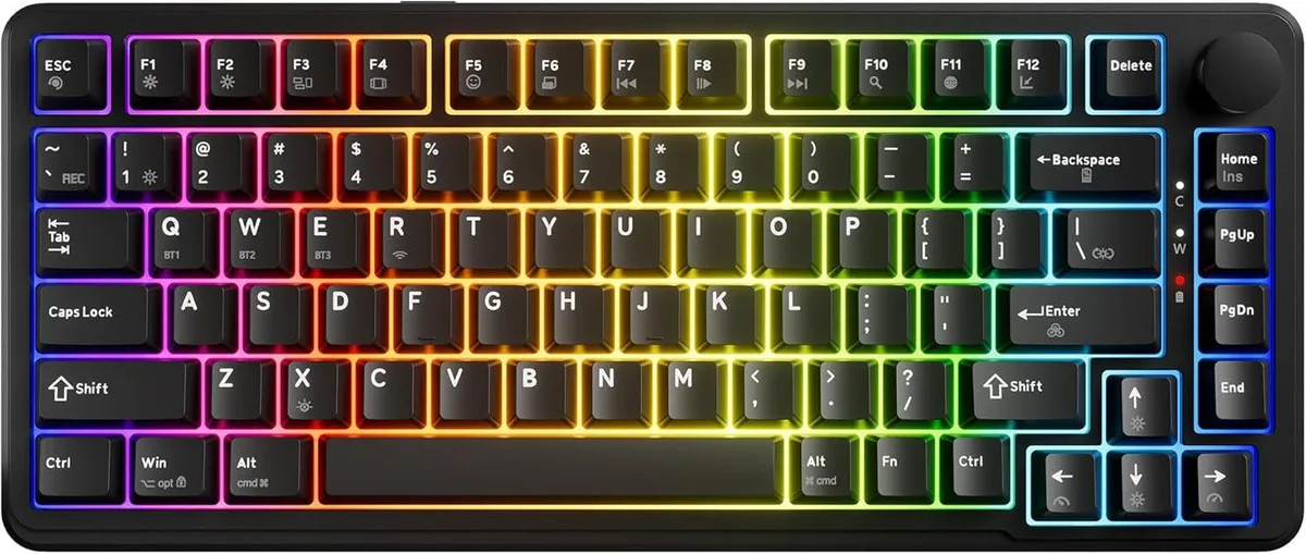 Compact 75% mechanical keyboard in matte black with side volume knob
