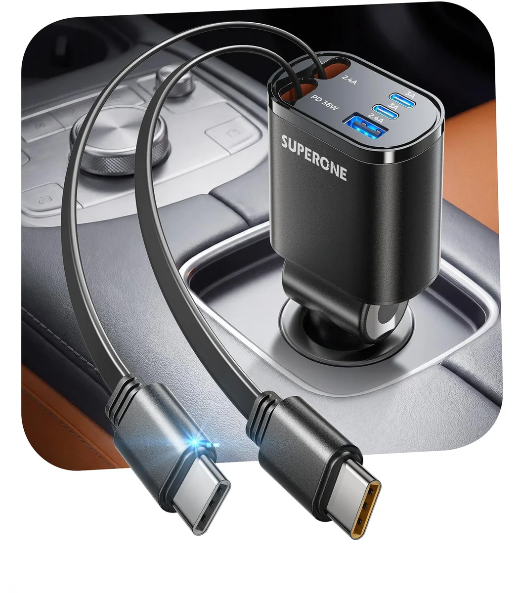 Black car charger with two retractable USB-C cables and three extra ports