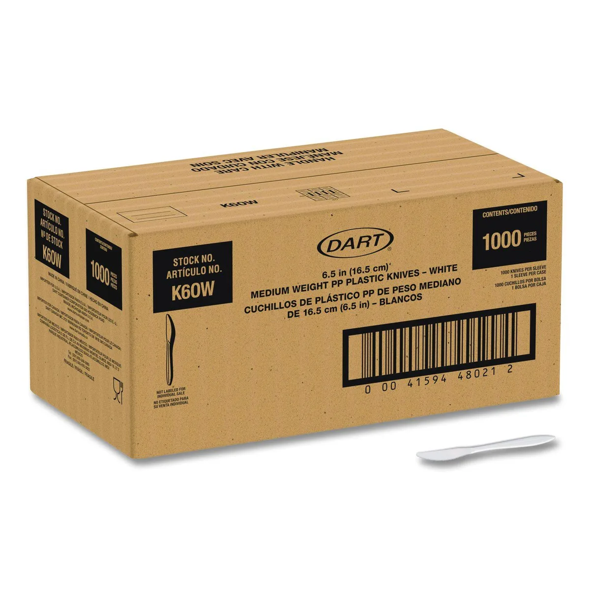 White medium-weight polypropylene disposable knife, 1000 per carton