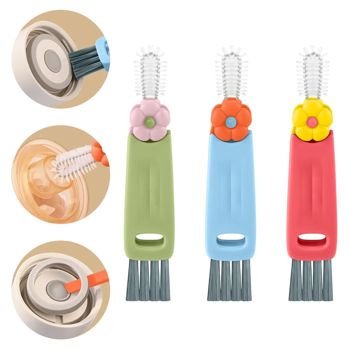 Three small brushes with different heads, light plastic handles, hanging holes, compact set