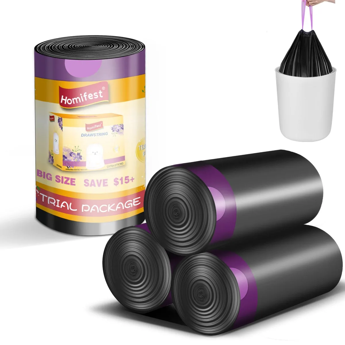 A roll of 40 black square drawstring trash bags made of high-density polyethylene