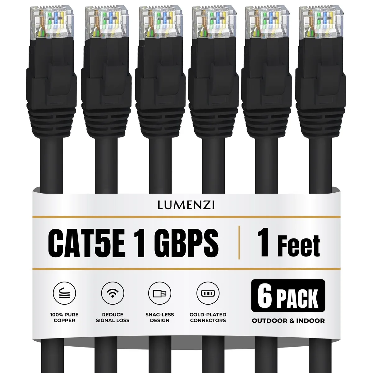 Lumenzi Lumenzi EC-5E-1-BK-6 Cat 5e Ethernet Cable 1 FT Black 6 Pack — product photo