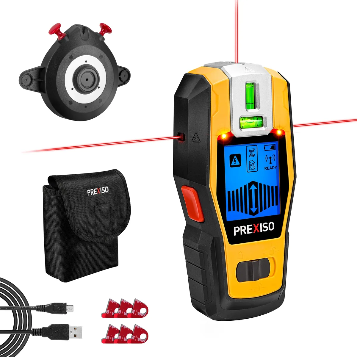 Compact 2-in-1 stud finder with laser level, rechargeable, includes wall mount and storage bag