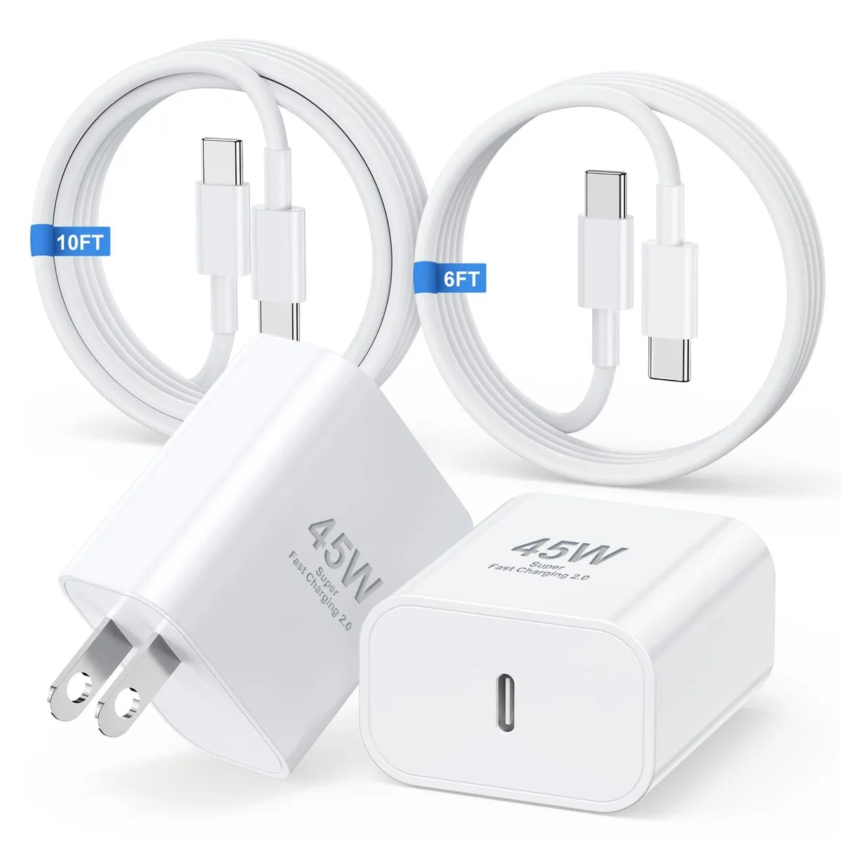 KEHIPI KEHIPI DP-A127F45 45W USB-C charger 2 blocks 6+10ft cables white — product photo