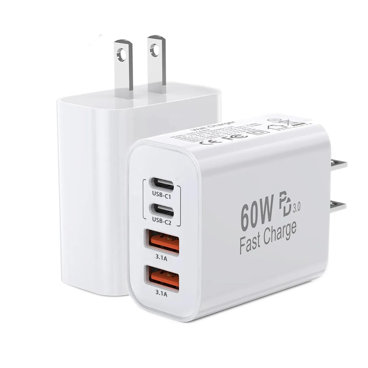 Two compact white cube chargers each with two USB-C and two USB-A ports