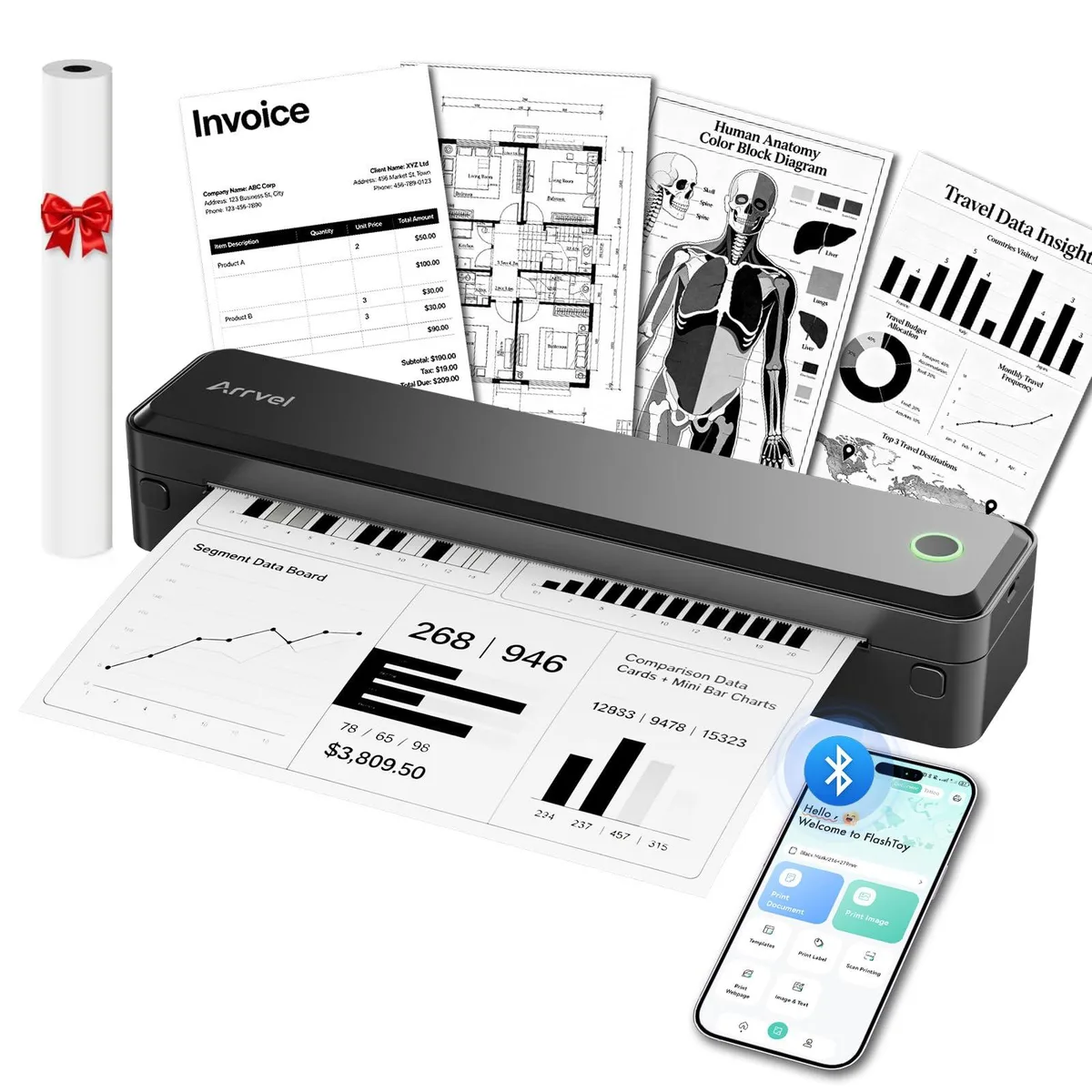 Compact white thermal printer, rectangular with rounded edges, built-in paper compartment, Bluetooth and USB ports visible