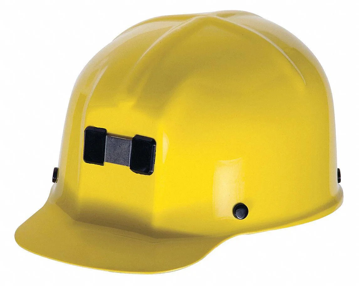 Yellow polycarbonate hard hat with front brim and Staz-On suspension