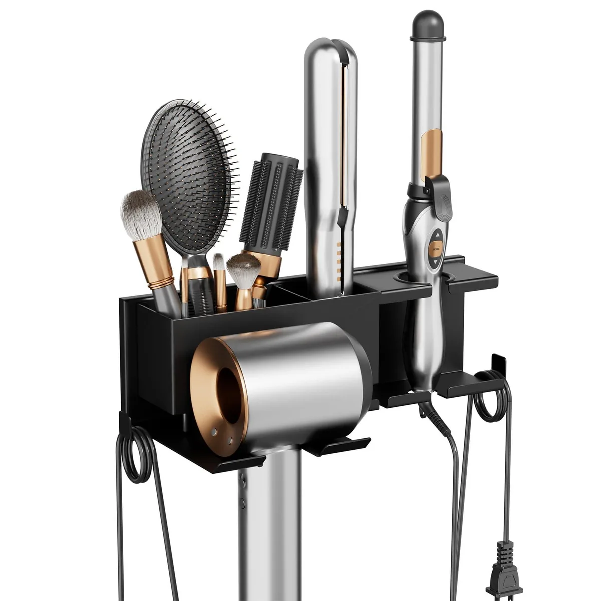 Black metal hair dryer holder, 12.5 inches long, wall-mounted storage rack