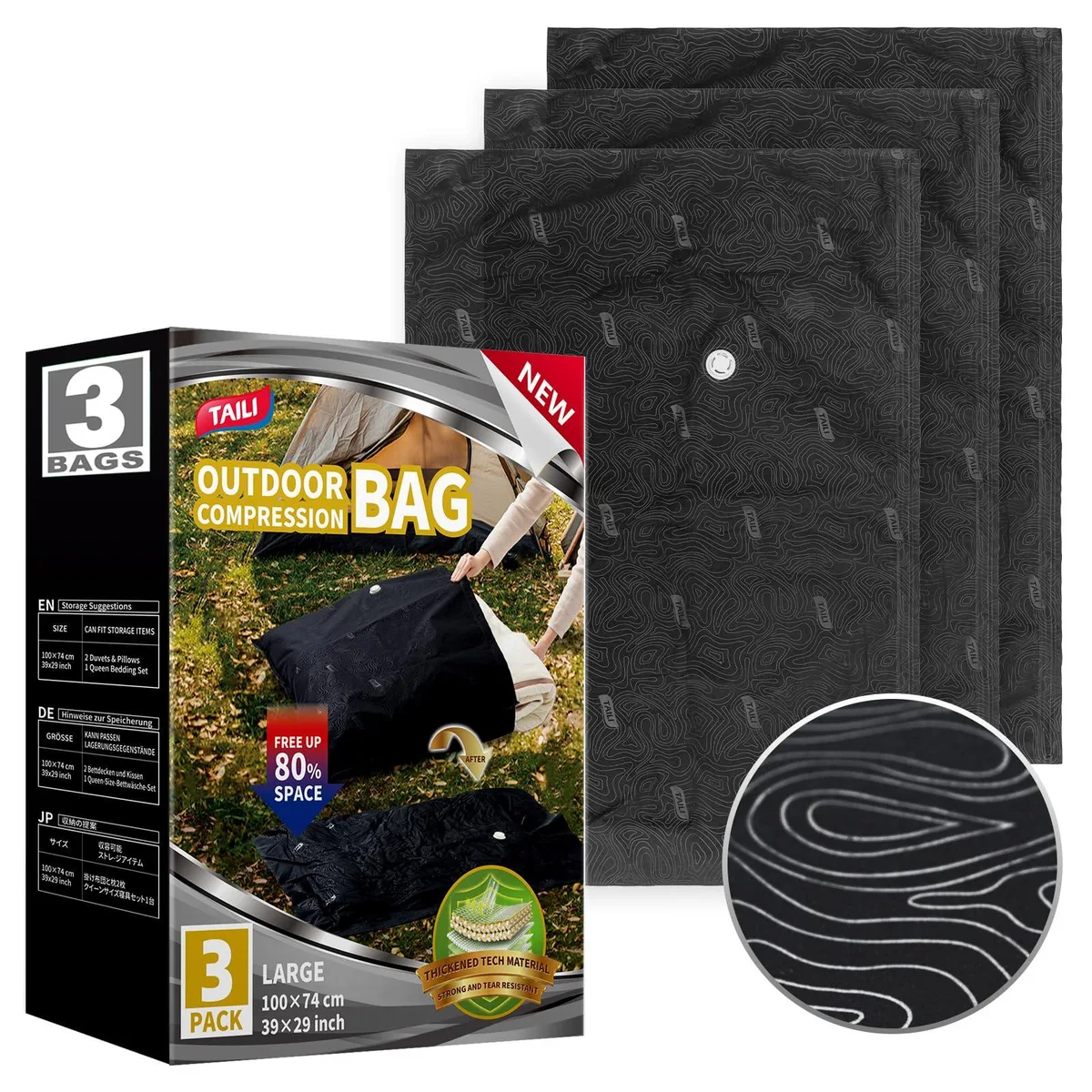Three black rectangular vacuum storage bags laid flat, each measuring 39 by 29 inches with zipper closure and valve