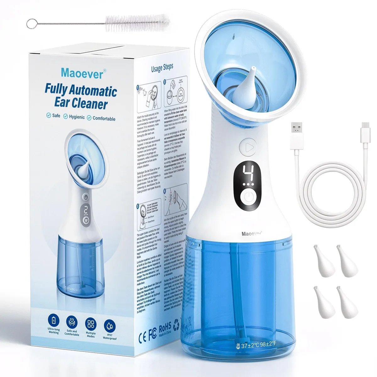 Baby blue electric ear wax remover with dual water tanks and USB-C cable