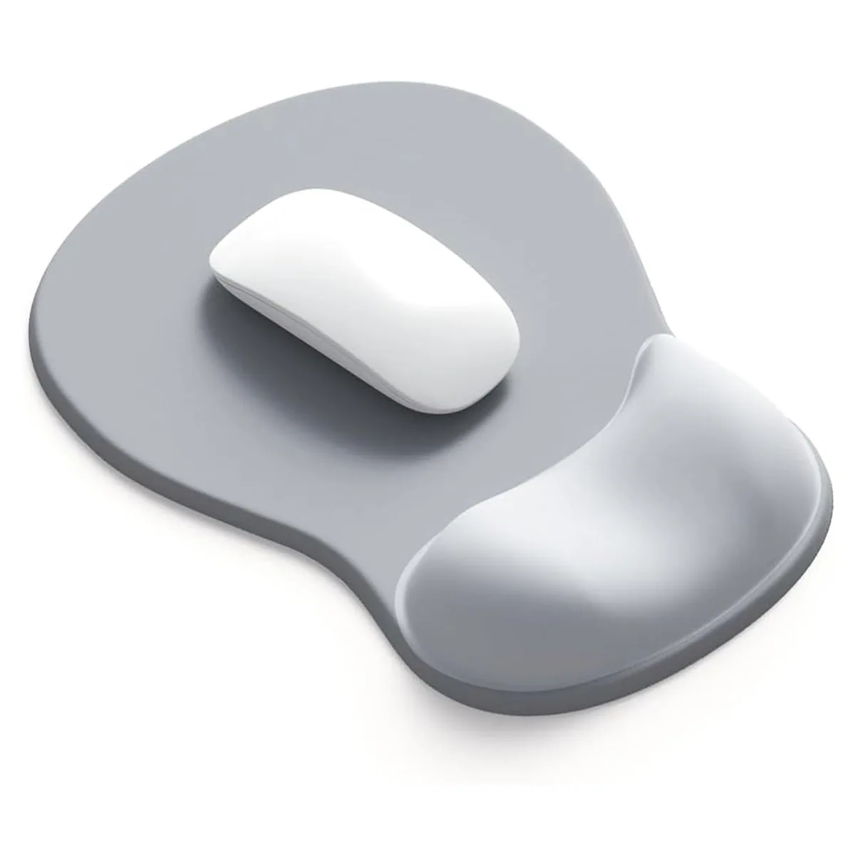 Grey ergonomic mouse pad with droplet-shaped gel wrist rest, smooth fabric surface and non-slip PU base
