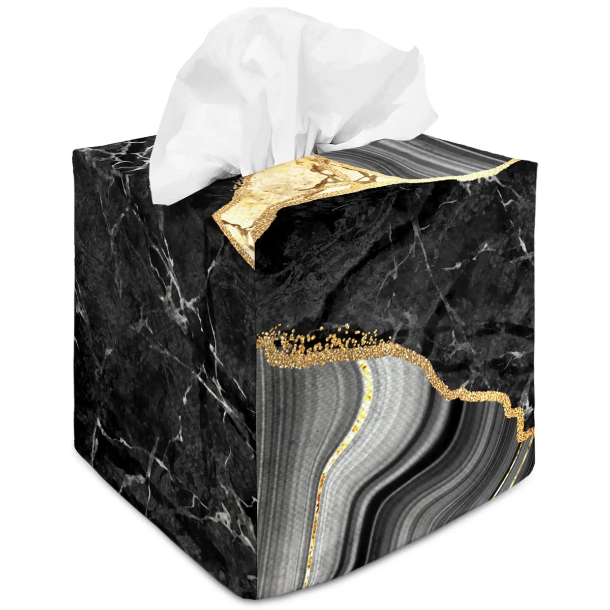 Black marble cube tissue case cover, canvas, 4.7 by 5.1 inches
