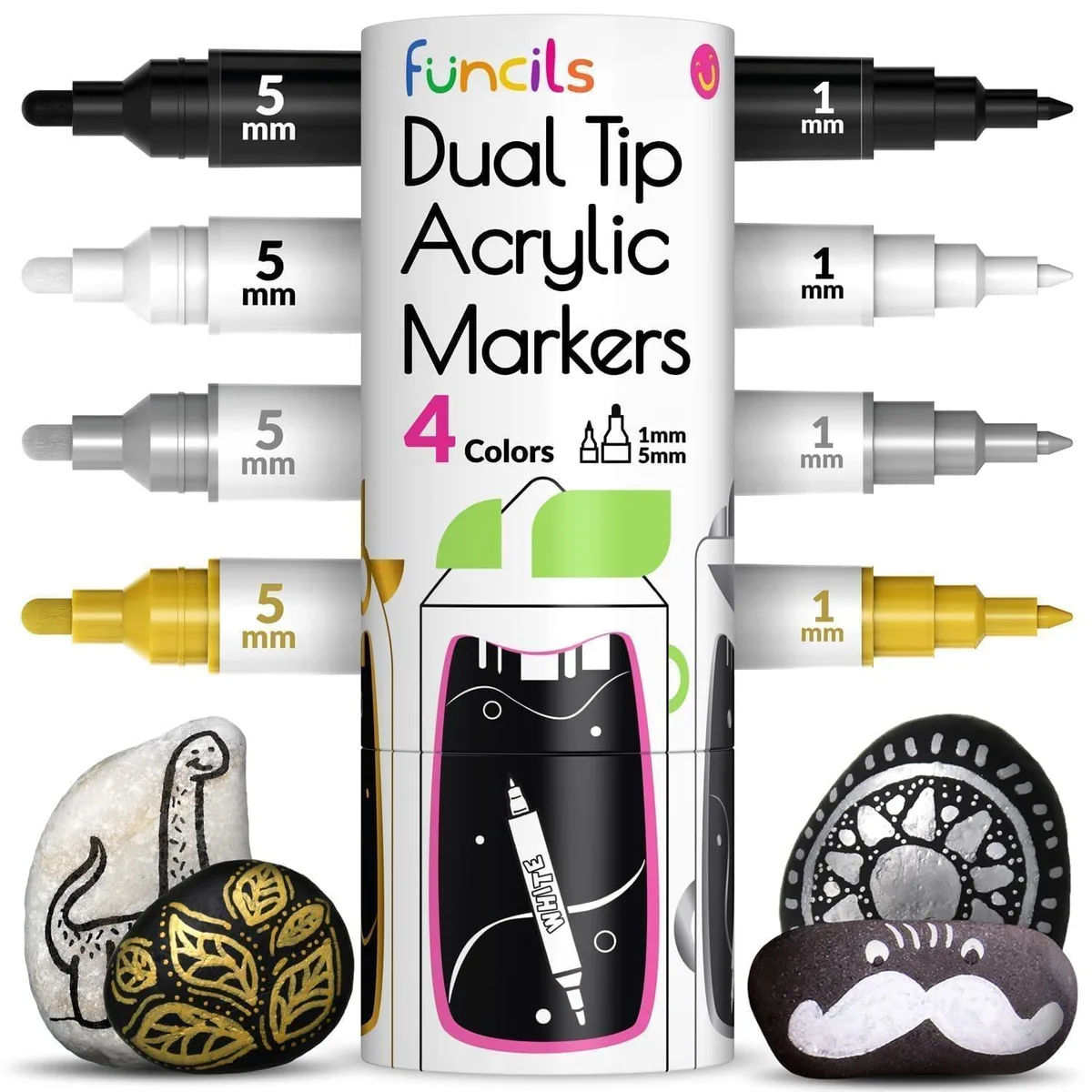  4 Dual Tip Acrylic Paint Pens Fine Medium White Black Gold Silver — product photo