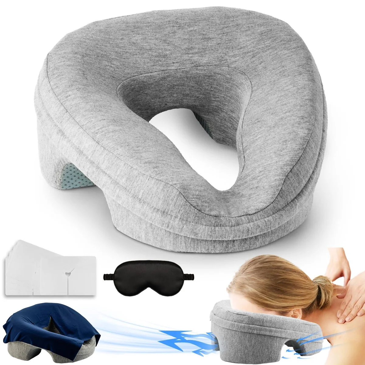 Black foam face-down pillow with open nose cavity, removable cover, five disposable cradle covers, cooling silk cloth and eye mask
