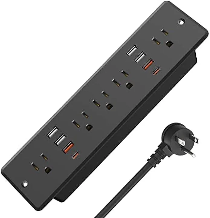 Black recessed power strip with five AC outlets and eight USB ports in a slim rectangular housing