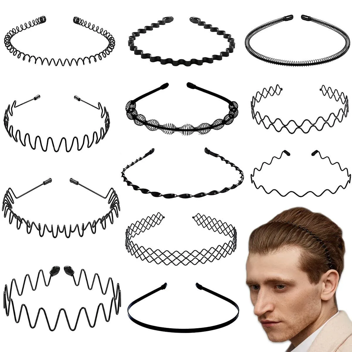  BOYIVI 12-Piece Metal Wavy Headband Set Black 4.7in Diameter — product photo