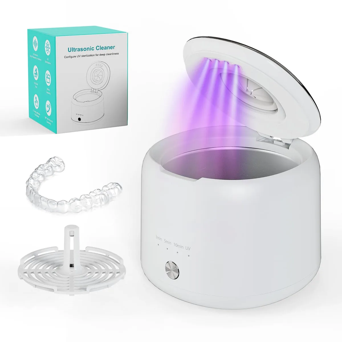 Ultrasonic retainer cleaner with UV light and four timer modes