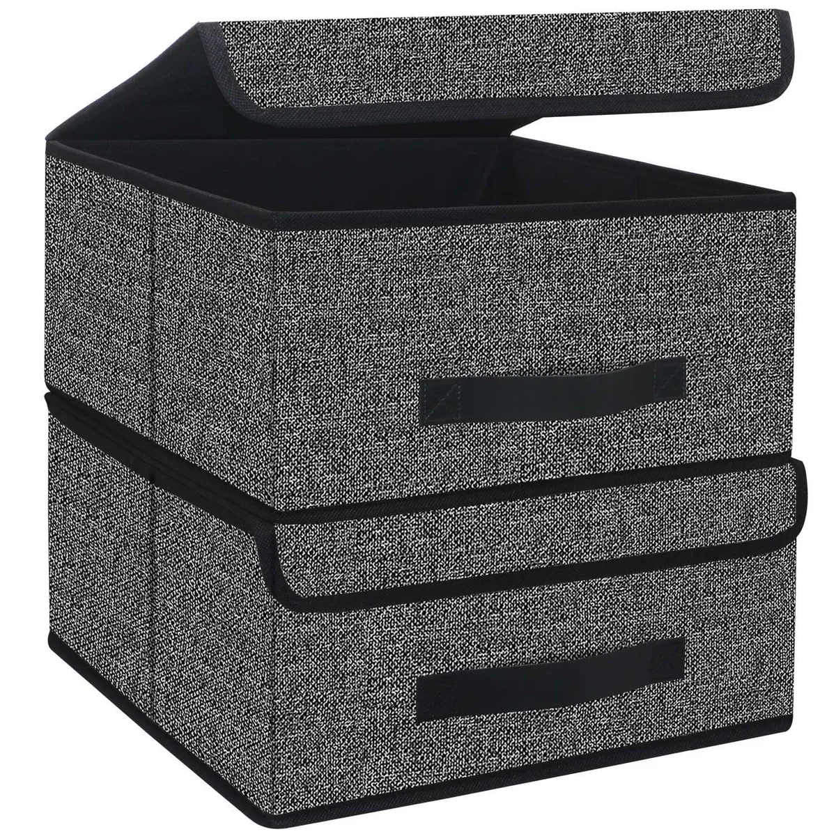 Two black foldable fabric storage cubes with lids and leather handles, 13 by 13 inches
