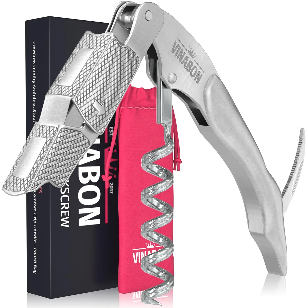 Silver stainless-steel waiter's corkscrew with double hinge, foil cutter and beer opener