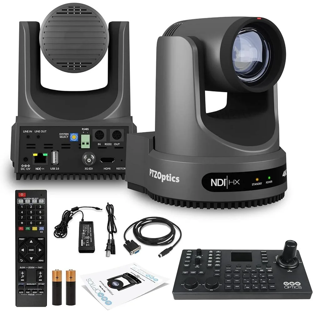 Gray PTZ camera with 20x zoom lens and separate joystick controller