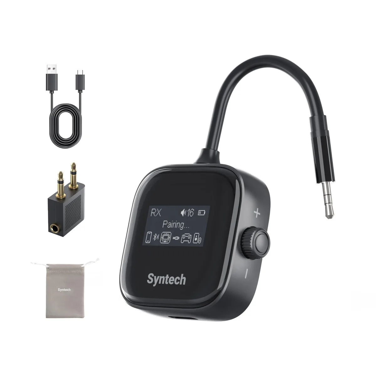 Small black rectangular Bluetooth adapter with HD display and 3.5mm AUX cable
