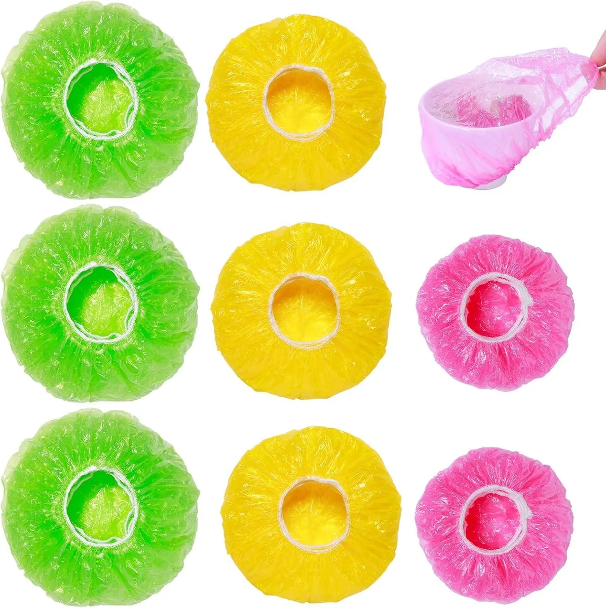 Pack of 60 translucent elastic bowl covers in pink 18 cm yellow 21 cm green 26 cm