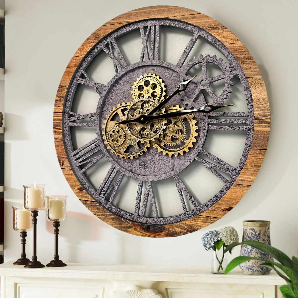 The Gears Clock The Gears Clock AMERICA 24 INCH ROUND 24'' Real Moving Gear Wall Clock Brown/Grey — product photo