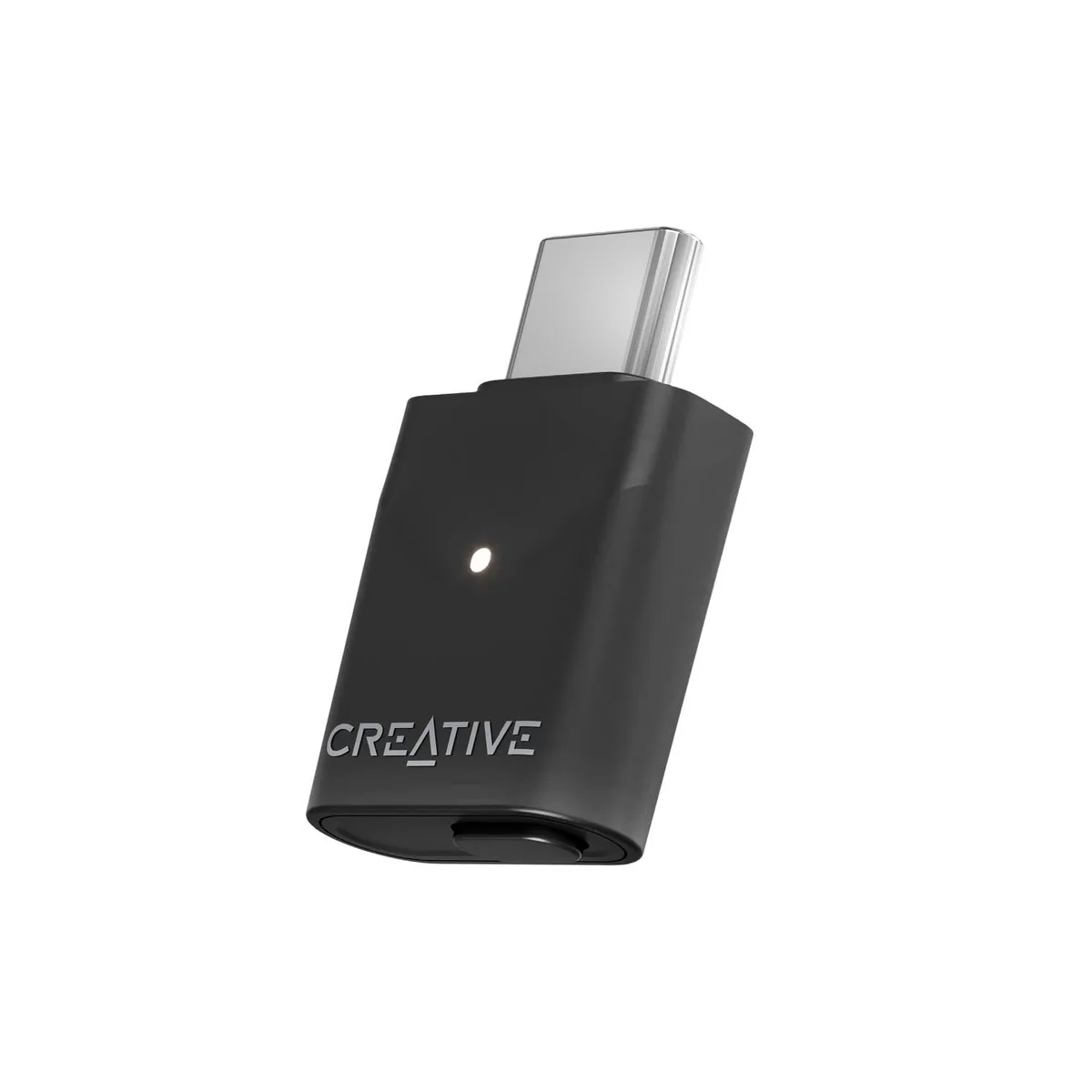 Small white USB-C audio dongle, rectangular with rounded edges, matte finish