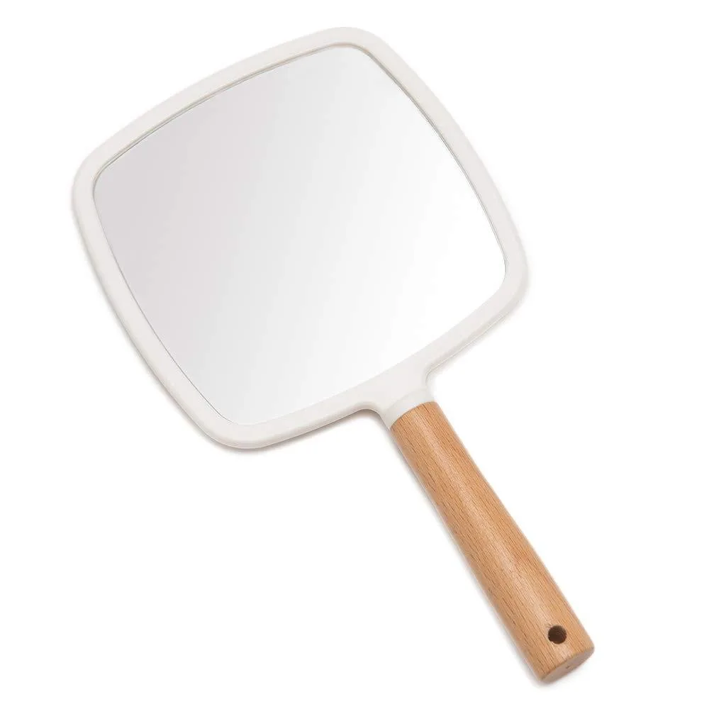 White ABS square hand mirror 9.8 by 5.5 inches with wooden handle