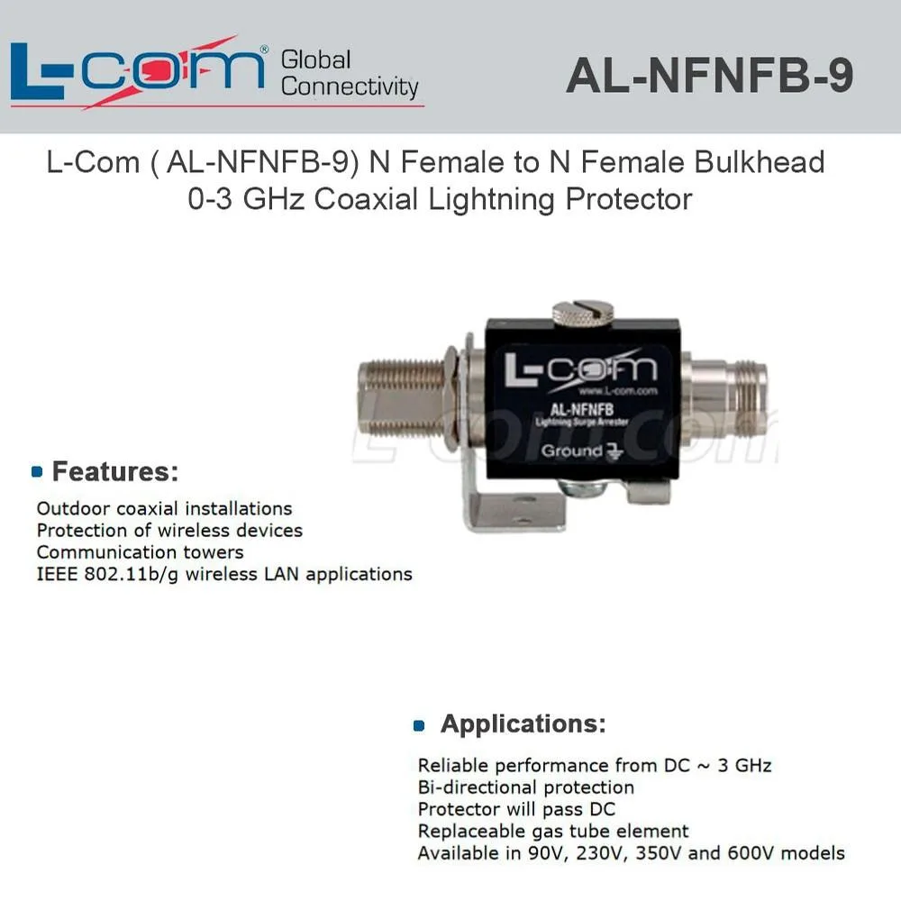 L-com L-com AL-NFNFB-9 N-Female to N-Female Bulkhead 90V Lightning Protector — product photo