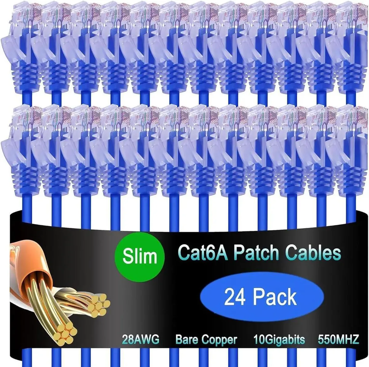 Twenty-four slim blue Cat6a patch cables 0.5 ft each