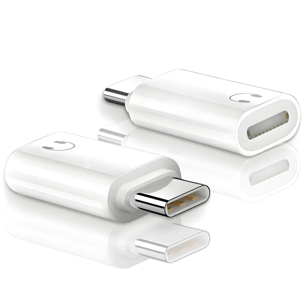 Two white USB-C to Lightning audio adapters with aluminium casings
