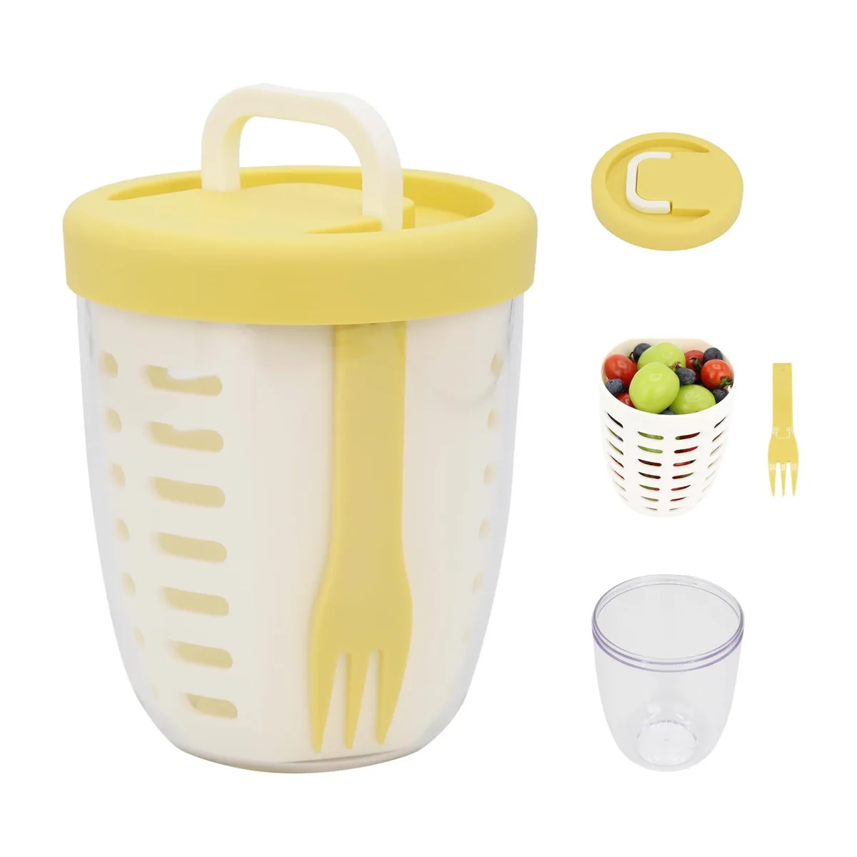 Red 22 oz food storage cup with folding handle removable colander basket and fork