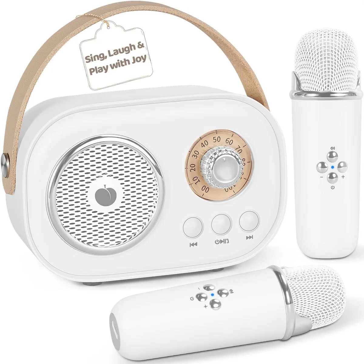 White rectangular karaoke speaker with carry handle and two wireless microphones
