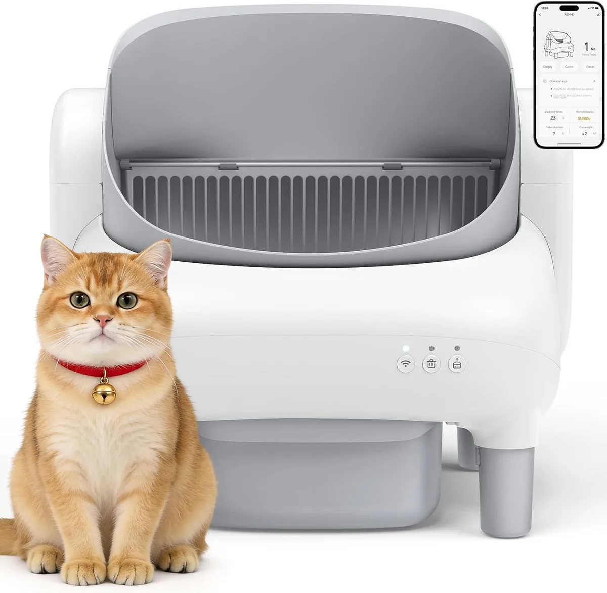 White rectangular automatic litter box with open top entrance and app control panel