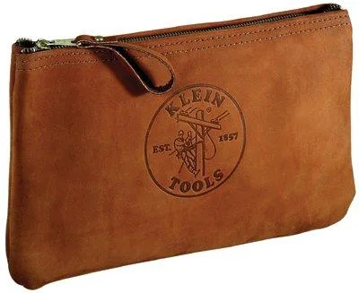Brown leather flat tool bag with brass zipper, rectangular shape, reinforced stitching