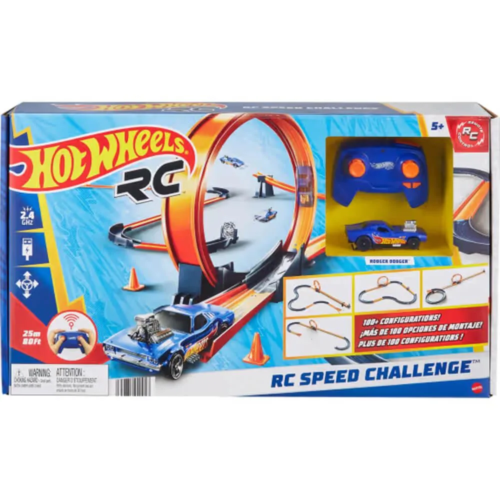 Mattel Mattel HXX45 Hot Wheels RC Speed Challenge outdoor toy with 30+ track pieces, 1:64 scale car, 2.4 GHz remote — product photo