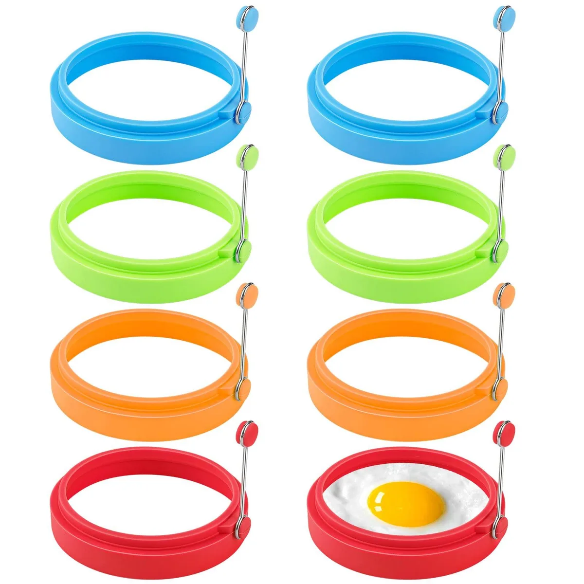 Eight round silicone egg rings with fold-out handles in red, blue, green and orange